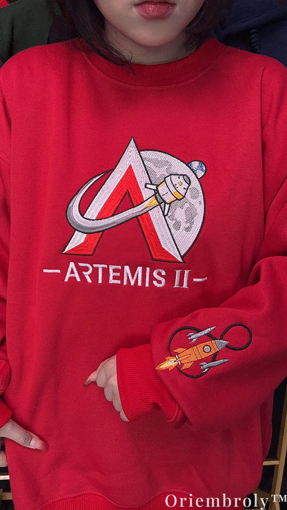 NASA Artemis II Embroidered Sweatshirt – Space Mission Crewneck, Red Pullover