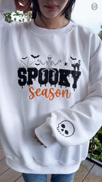 Spooky Season Skeleton Black Cat Embroidered White Crewneck Sweatshirt