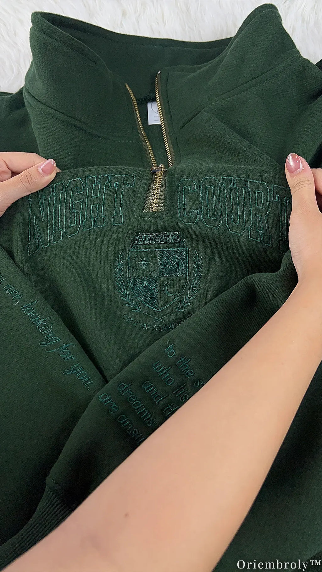 Tone-on-Tone Embroidered Quarter Zip Sweatshirt, Matching Crest & Moon Sleeve Detail, Fantasy Inspired Pullover