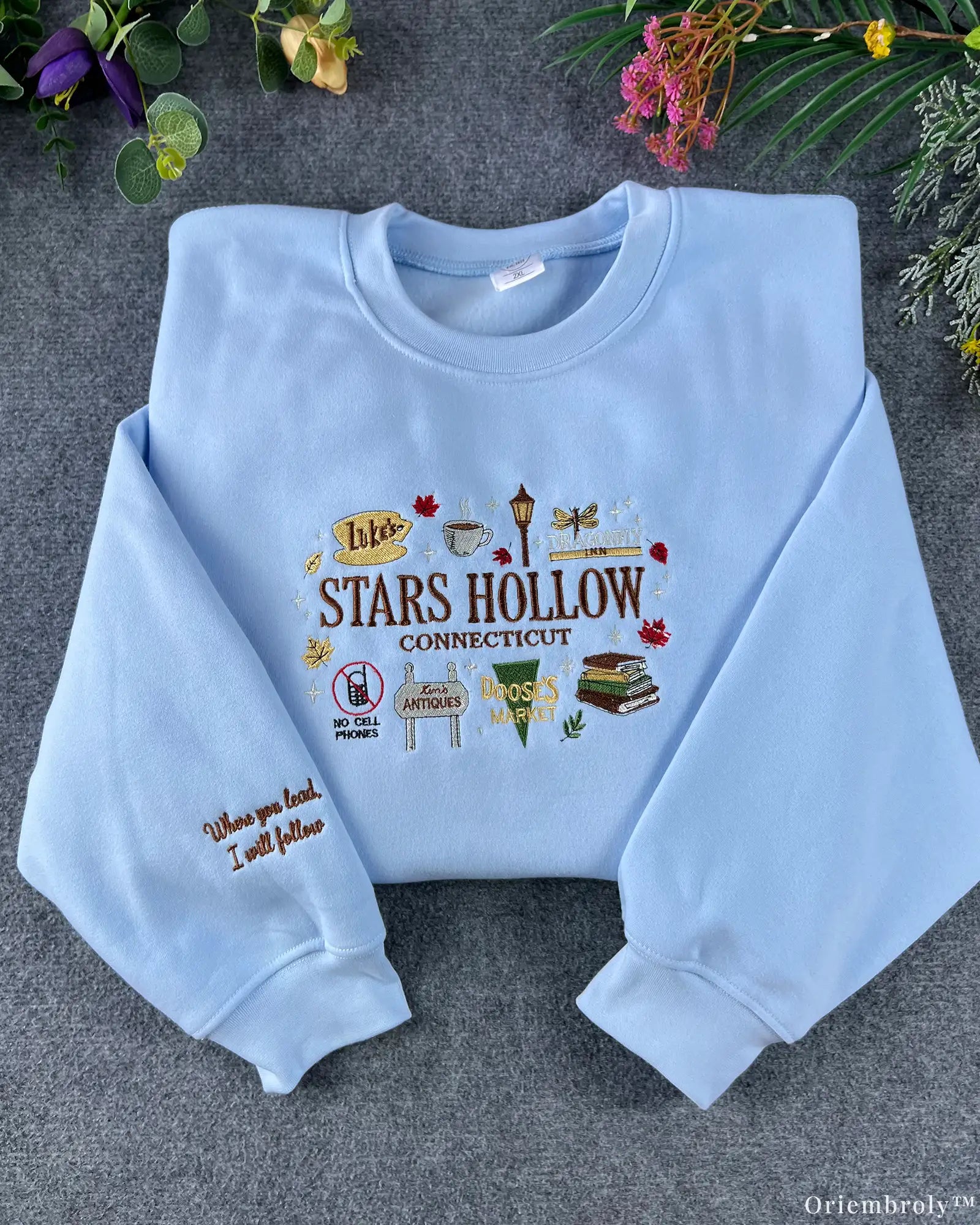 Cozy Small-Town Autumn Embroidered Crewneck Sweatshirt with Coffee & Book Design