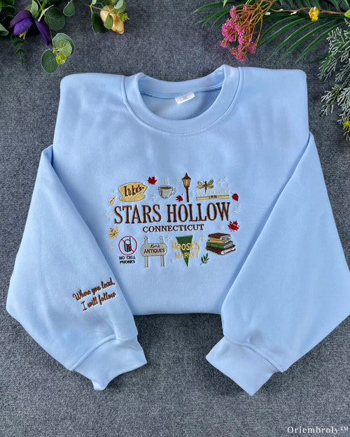Cozy Small-Town Autumn Embroidered Crewneck Sweatshirt with Coffee & Book Design