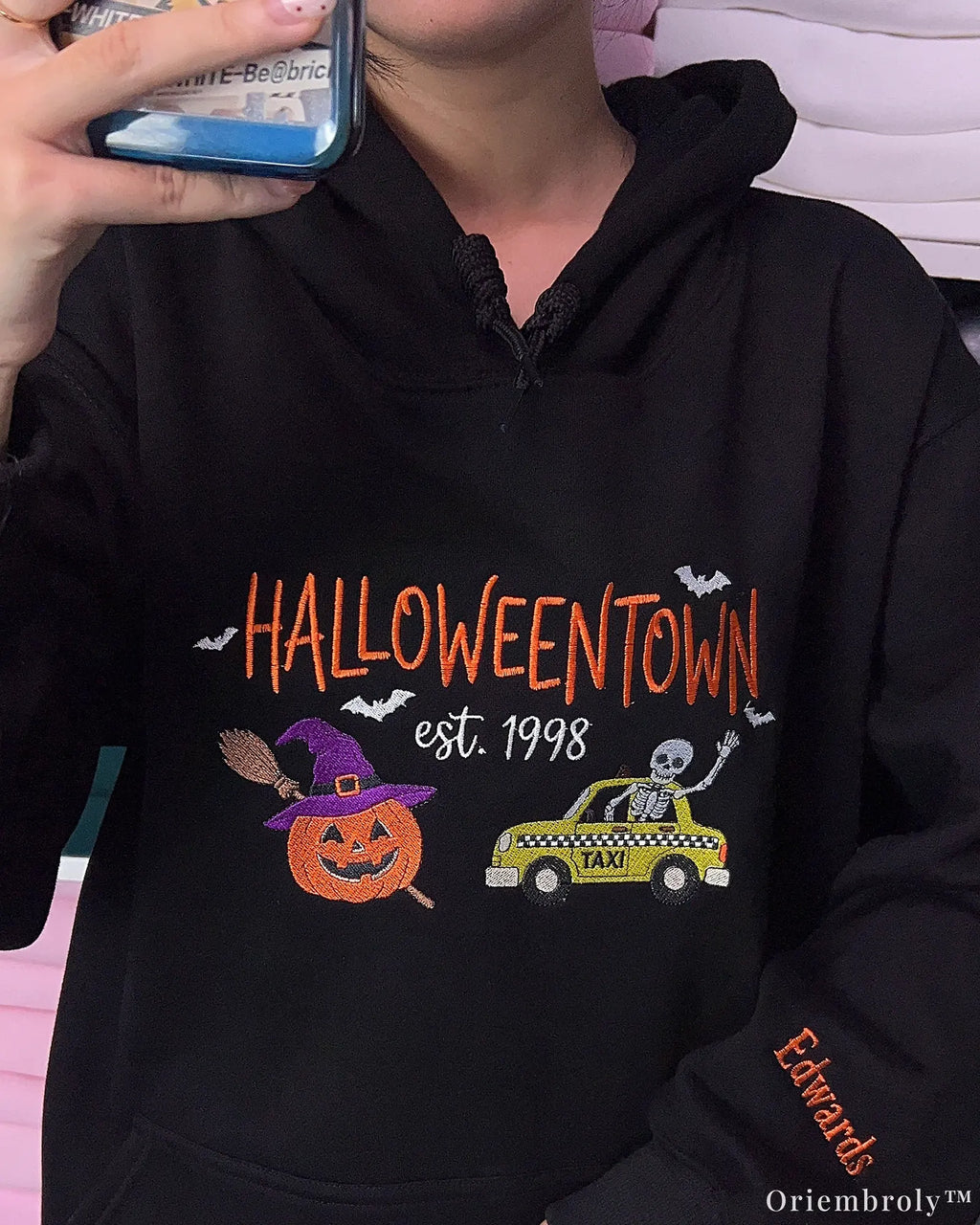 Personalized Halloween Embroidered Hoodie with Spooky Skeleton Taxi & Custom Name