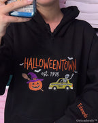 Personalized Halloween Embroidered Hoodie with Spooky Skeleton Taxi & Custom Name