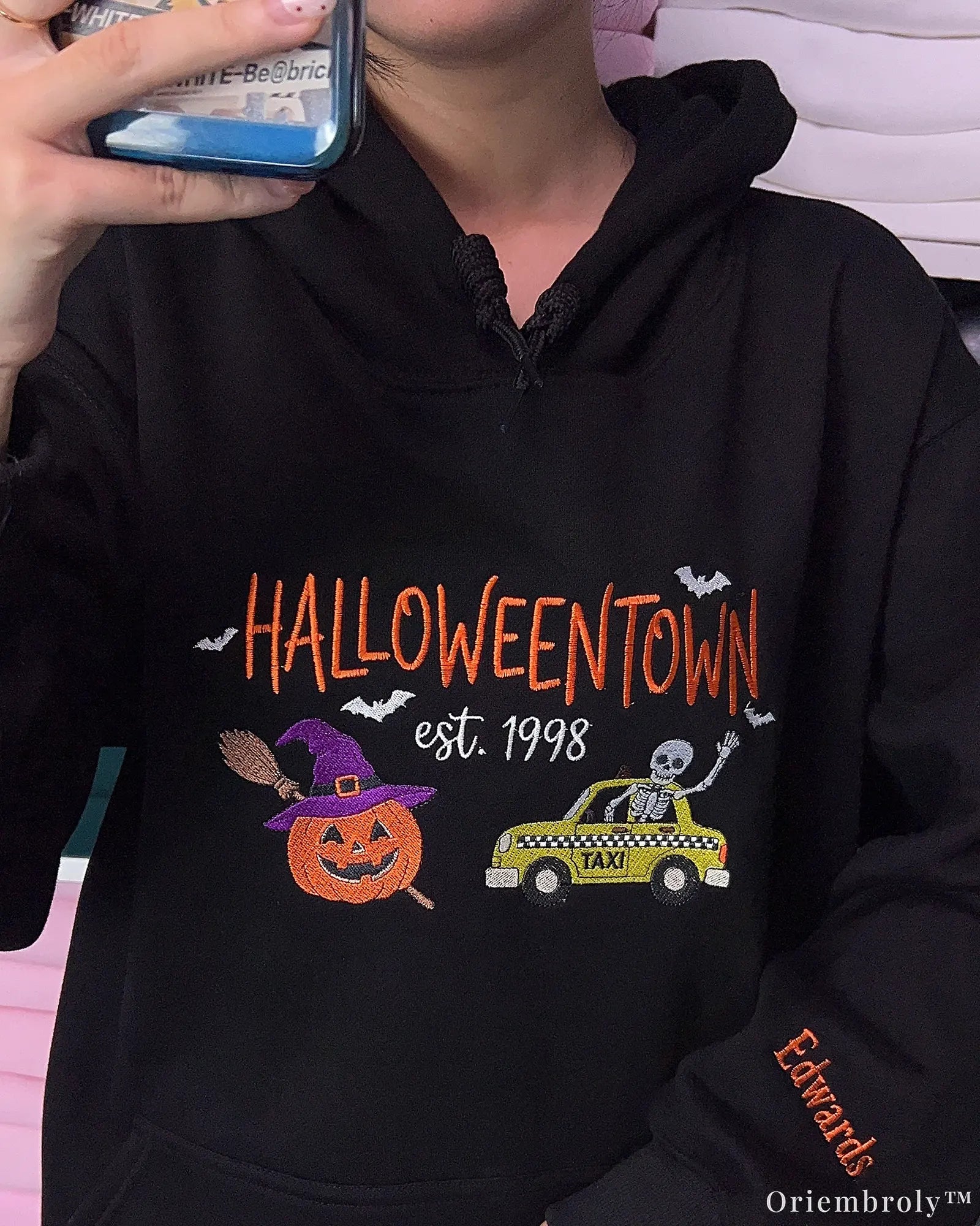 Personalized Halloween Embroidered Hoodie with Spooky Skeleton Taxi & Custom Name