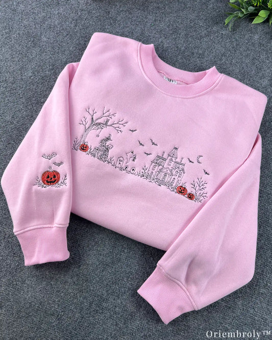 Halloween Village Embroidered Sweatshirt – Witch & Pumpkin Crewneck