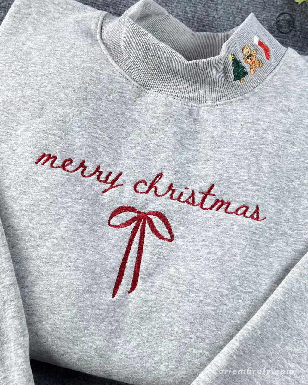 Merry Christmas Ribbon Bow Embroidered Mock-Neck Sweatshirt