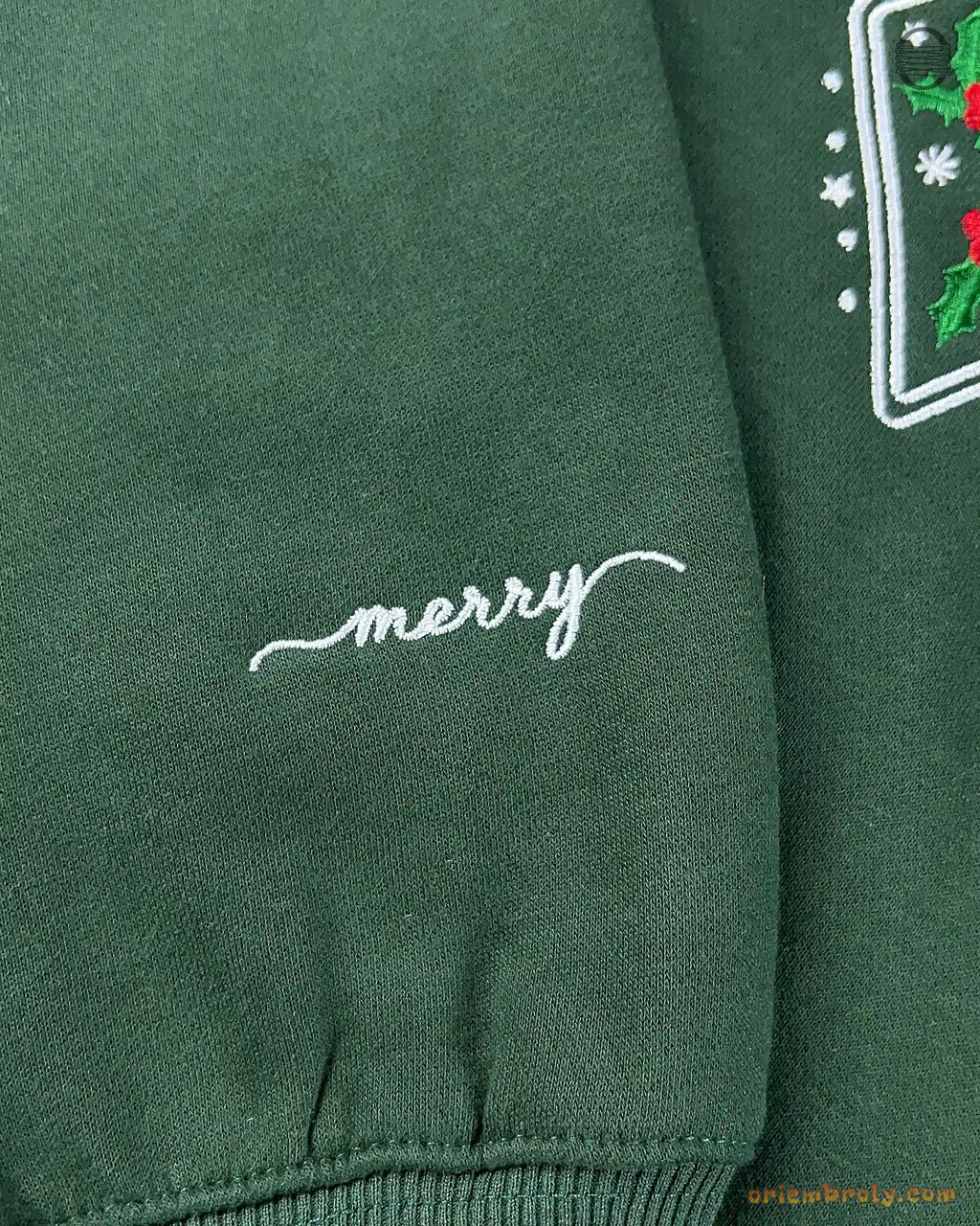 Merry Bright Christmas Baubles Ornaments Embroidered Forest Green Crewneck Sweatshirt