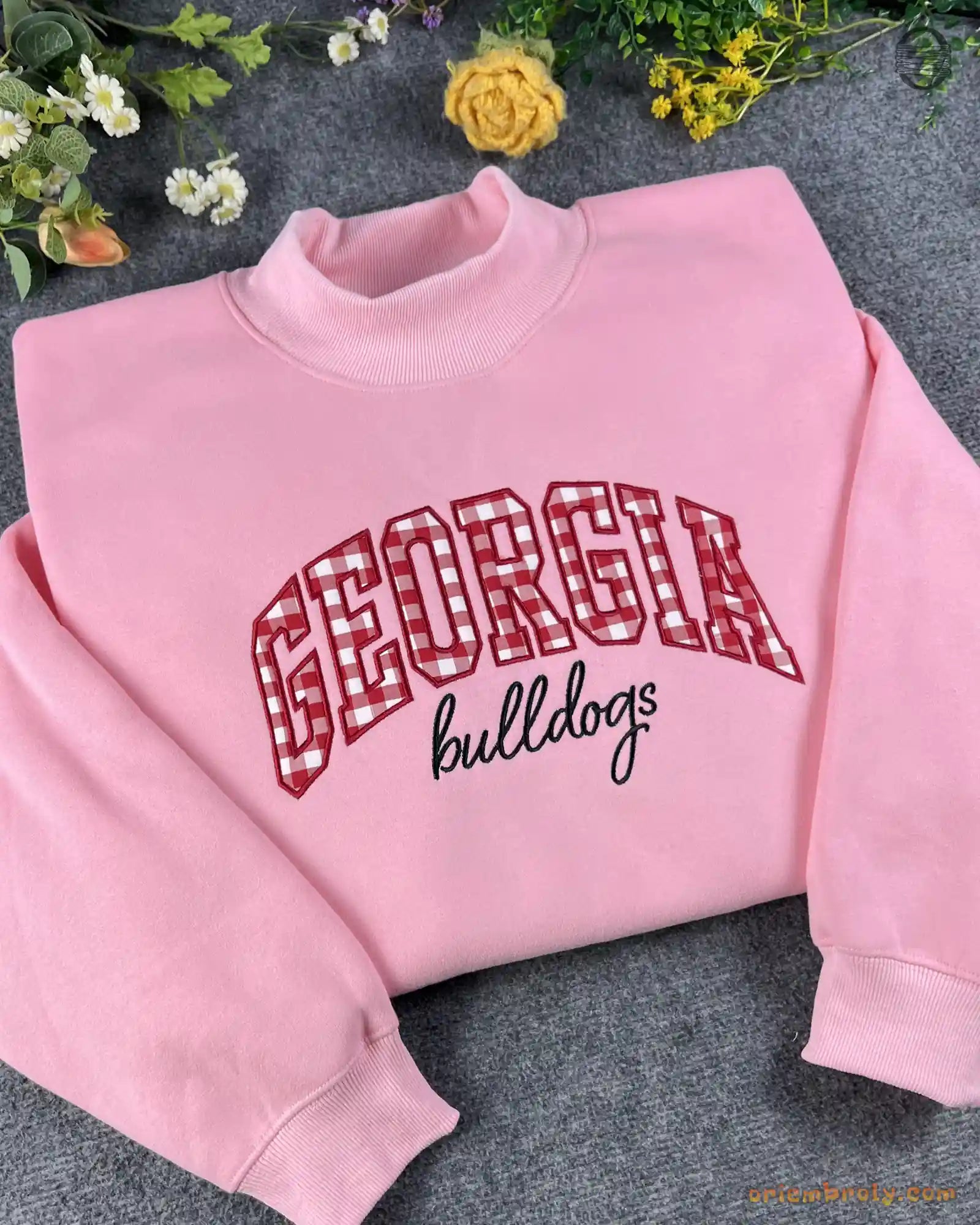 Georgia Bulldogs Game Day Gingham Embroidered Heather Grey Mock Neck Sweatshirt