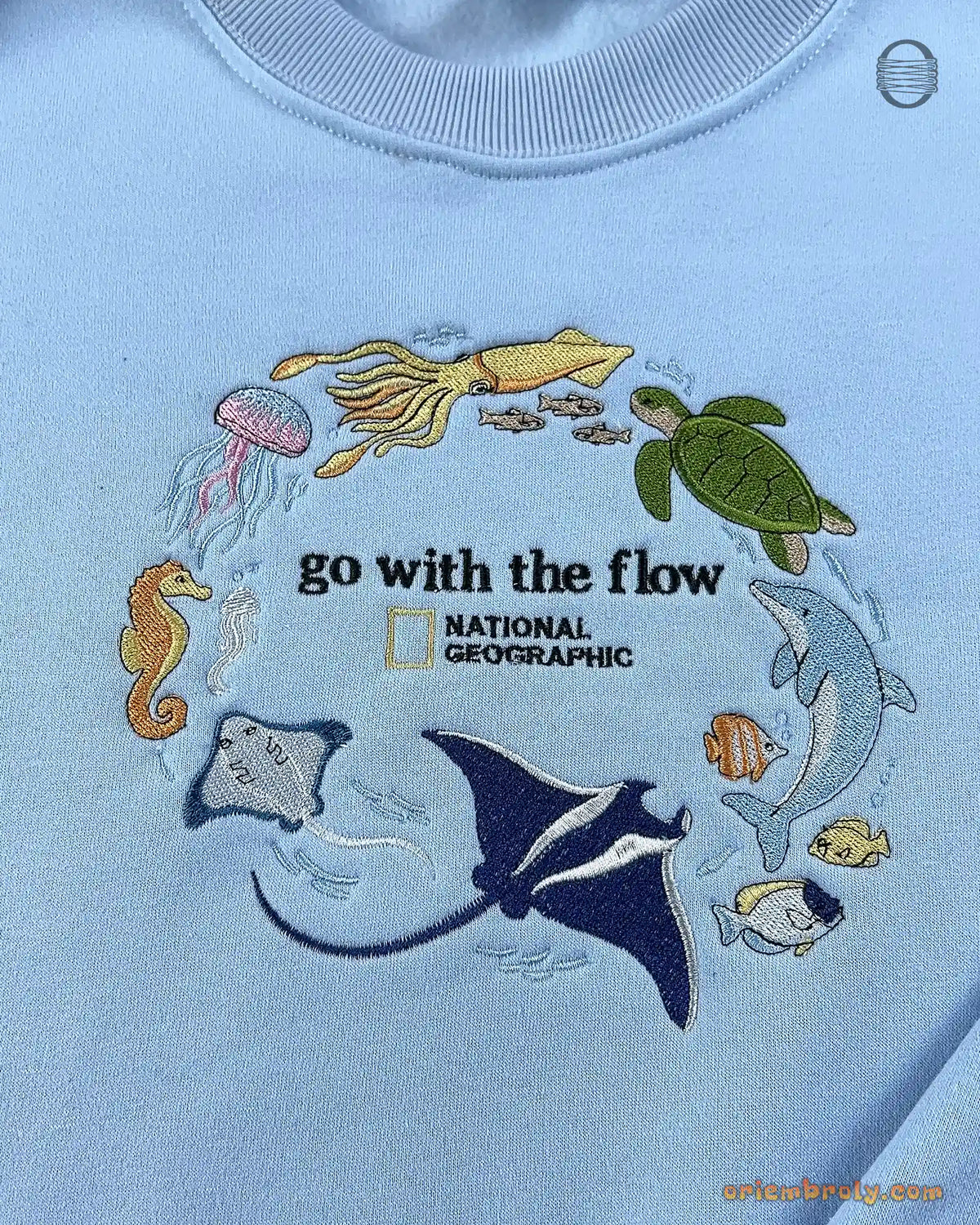 Go With The Flow Marine Life Sea Turtle Dolphin Embroidered Navy Sweatshirt