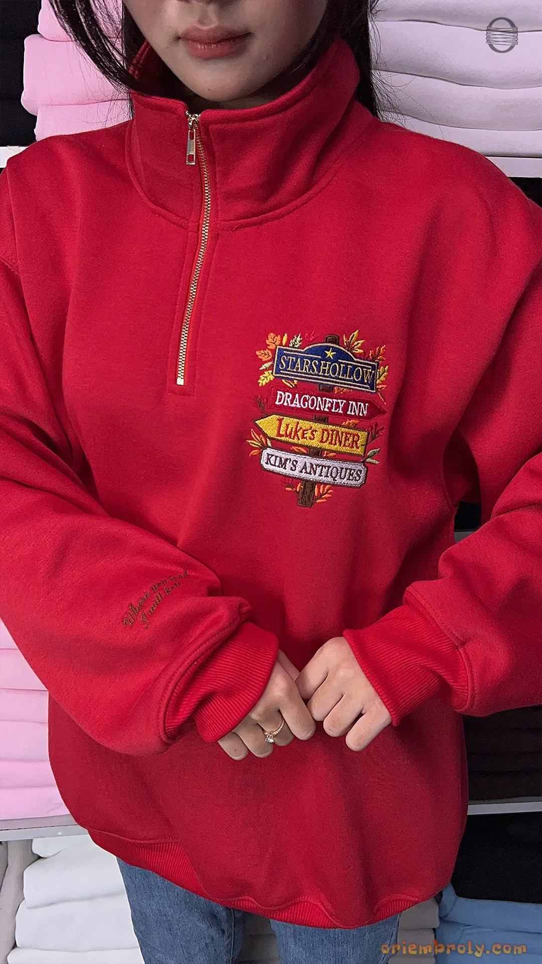 Stars Hollow Directional Signpost Embroidered Red and Black Crewneck Sweatshirt
