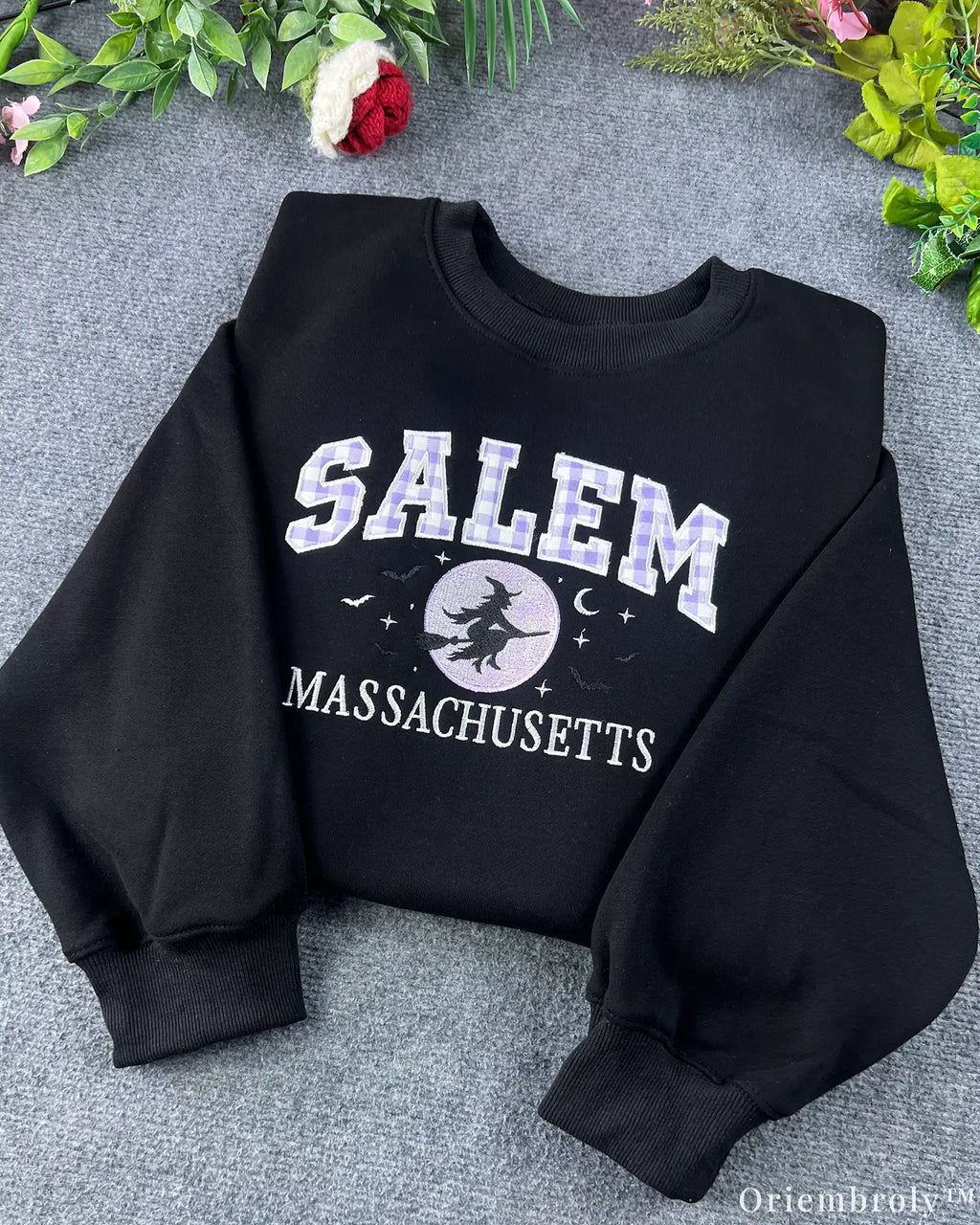 Salem Massachusetts Purple Plaid Varsity Flying Witch Embroidered Sweatshirt