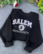 Salem Massachusetts Purple Plaid Varsity Flying Witch Embroidered Sweatshirt