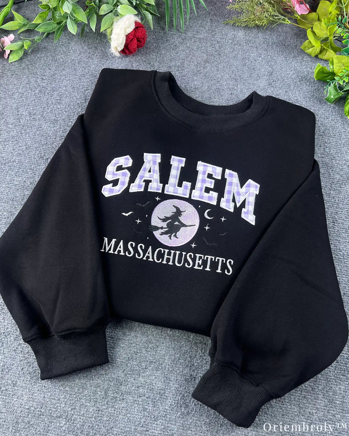 Salem Massachusetts Purple Plaid Varsity Flying Witch Embroidered Sweatshirt