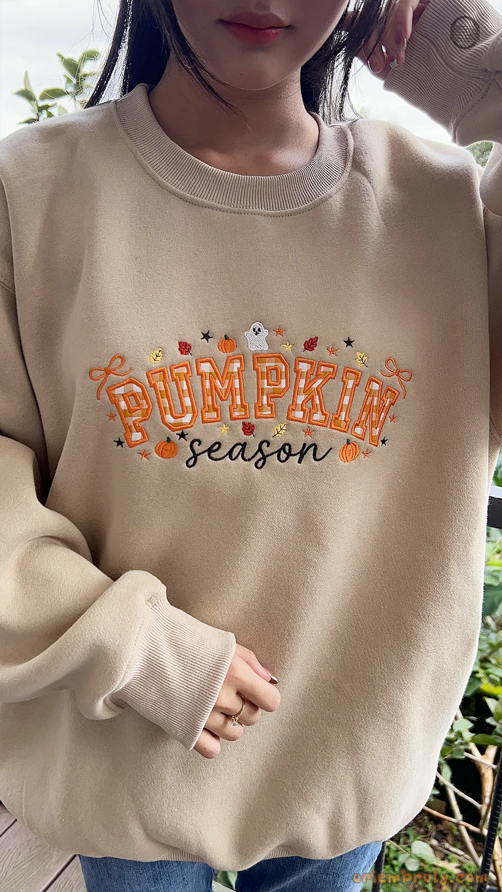 Pumpkin Season Gingham Patchwork Embroidered Dark Brown Crewneck Sweatshirt