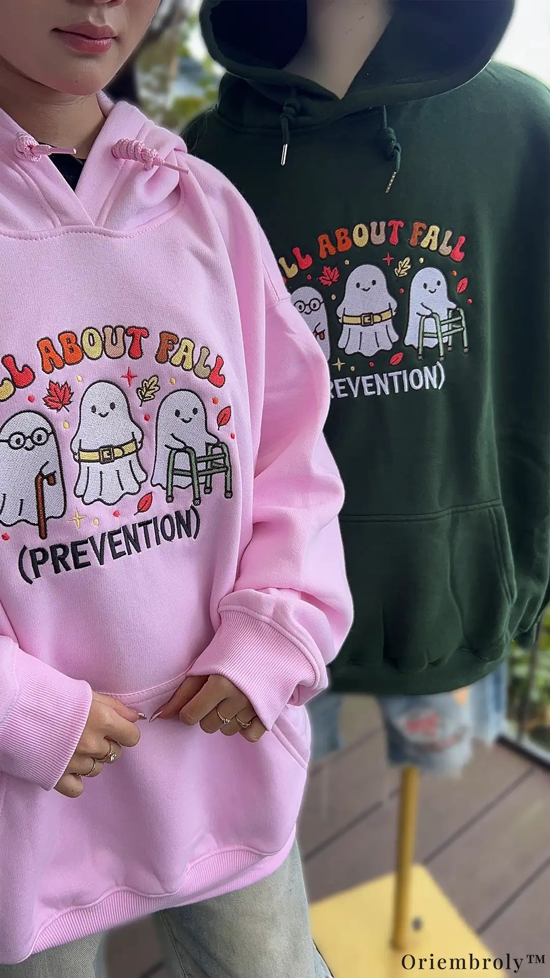 All About Fall Prevention Cute Ghost Nurse Embroidered Pink Hoodie