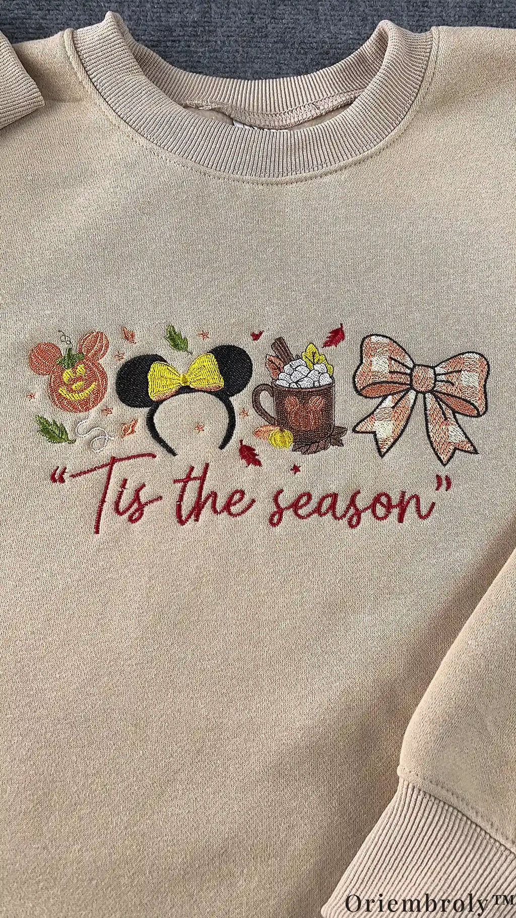 Tis The Season Mickey Pumpkin Minnie Ears Embroidered Beige Crewneck Sweatshirt