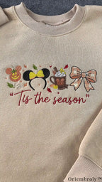 Tis The Season Mickey Pumpkin Minnie Ears Embroidered Beige Crewneck Sweatshirt