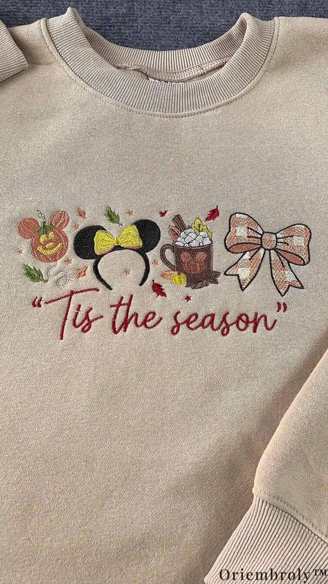 Tis The Season Mickey Pumpkin Minnie Ears Embroidered Beige Crewneck Sweatshirt