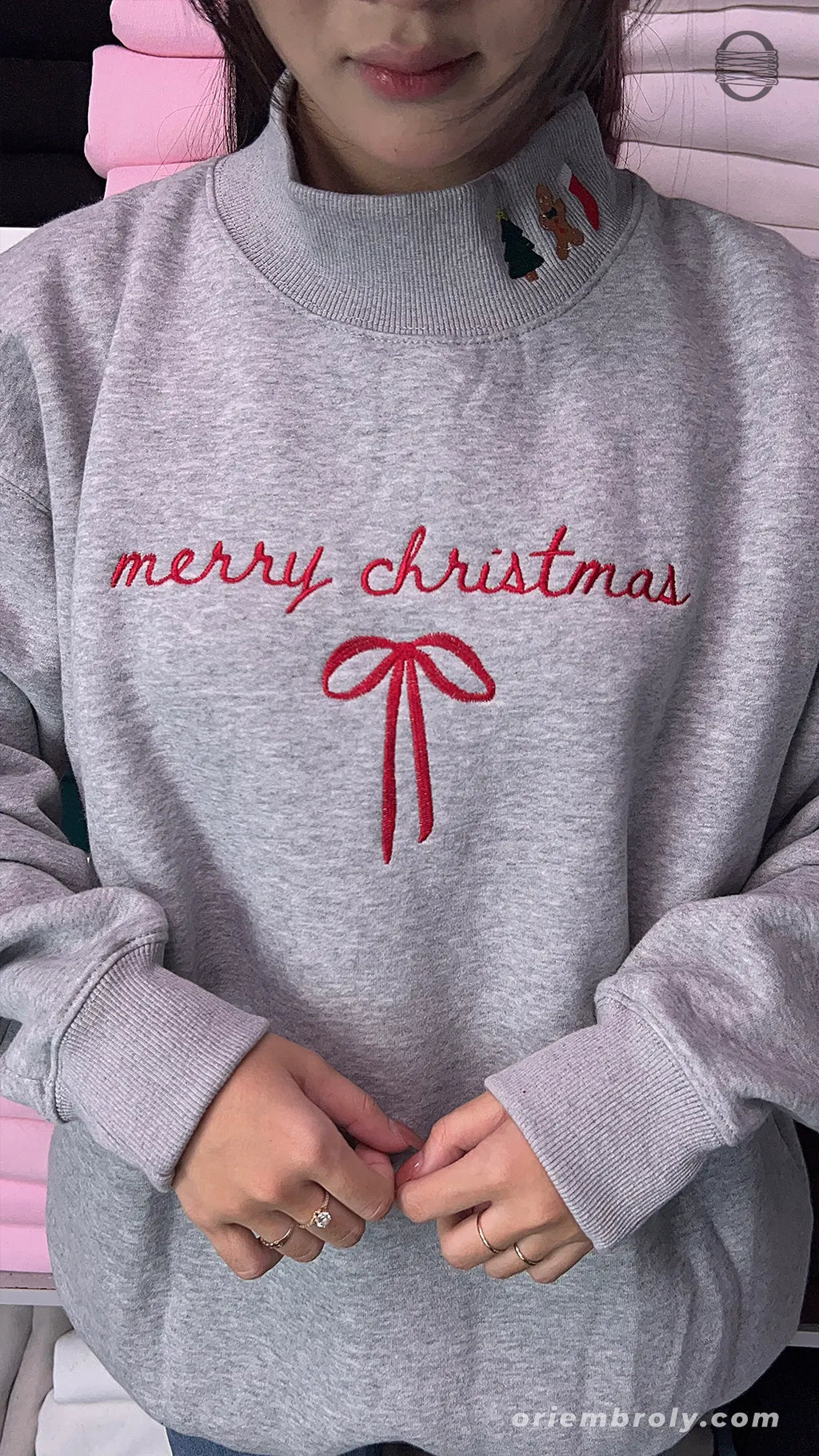 Merry Christmas Ribbon Bow Embroidered Mock-Neck Sweatshirt