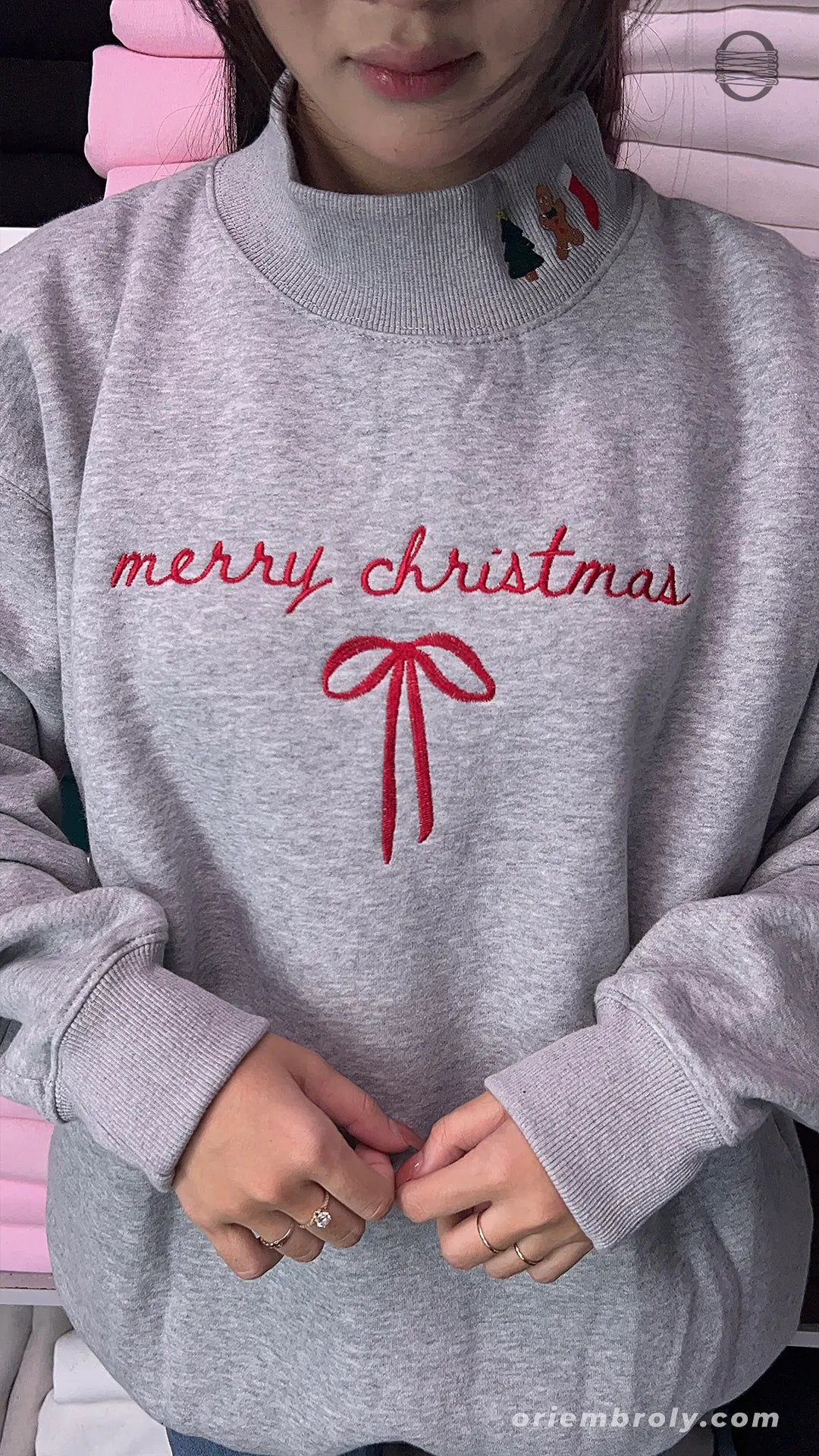 Merry Christmas Ribbon Bow Embroidered Mock-Neck Sweatshirt