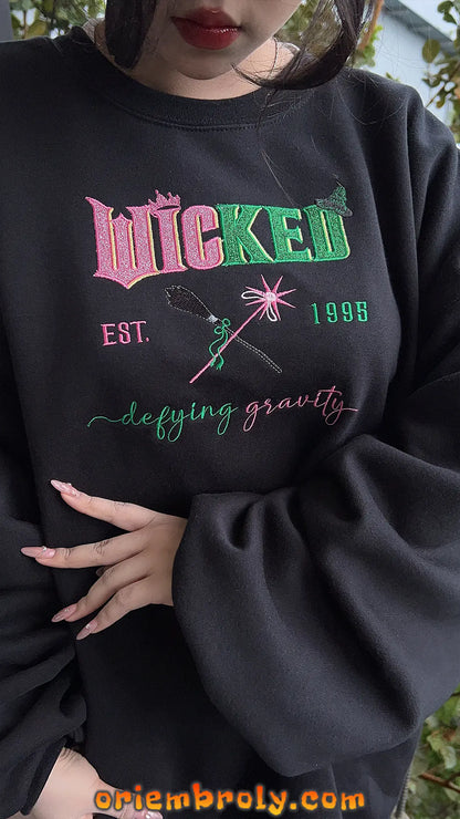 Wicked Musical Embroidered Sweatshirt Pink Green Glitter Bow