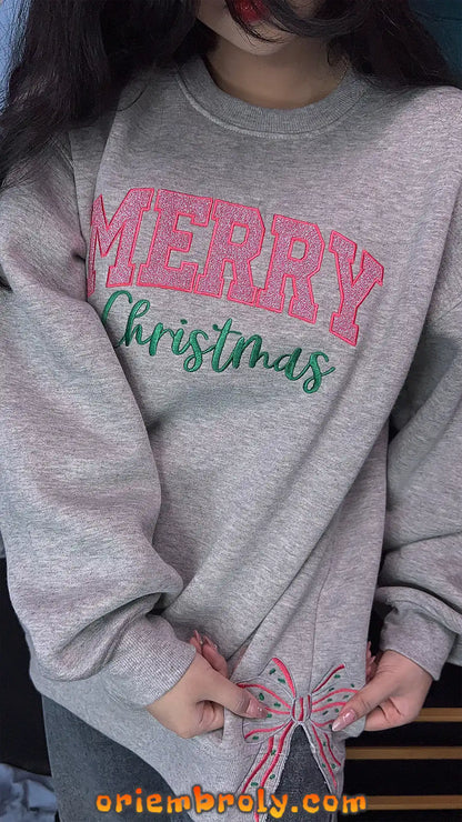 Merry Christmas Bow Embroidered Sweatshirt.