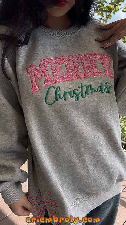 Merry Christmas Bow Embroidered Sweatshirt.