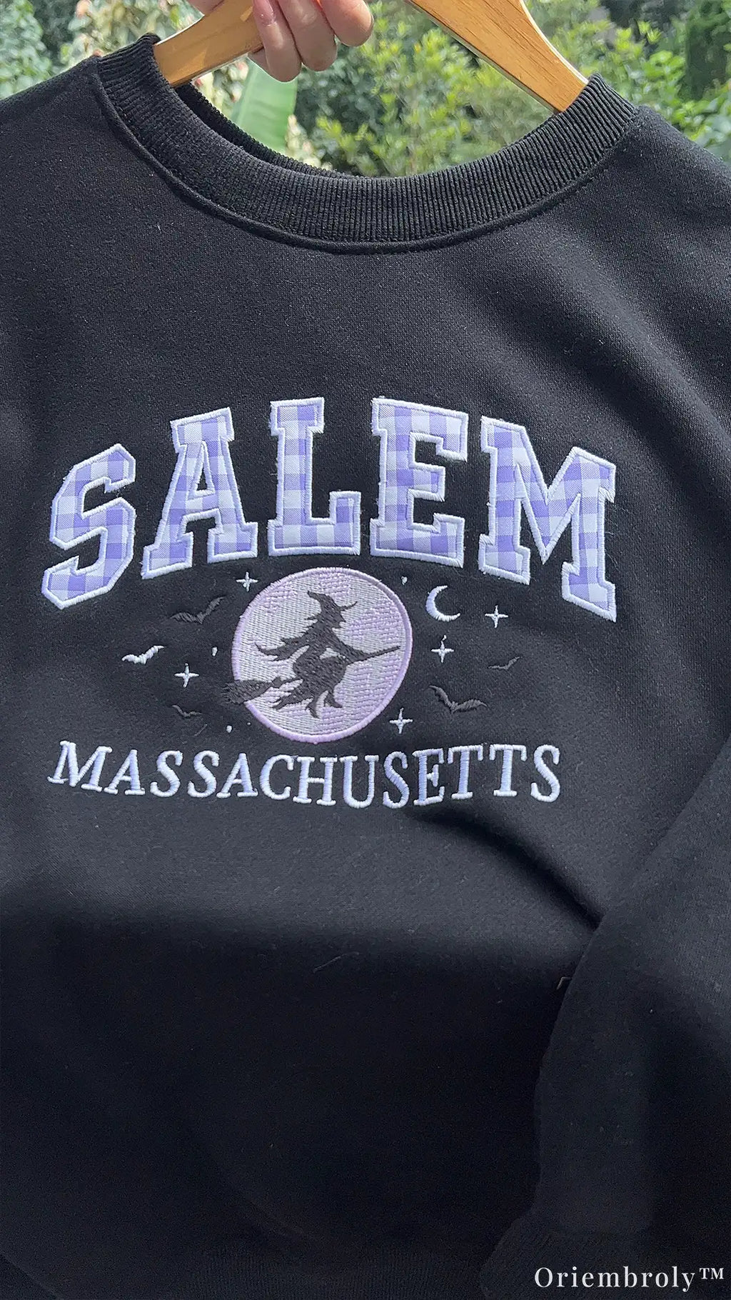 Salem Massachusetts Purple Plaid Varsity Flying Witch Embroidered Sweatshirt