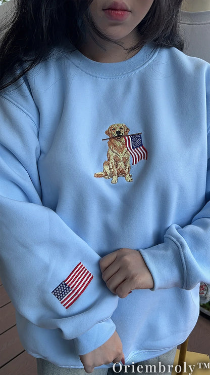 Golden Retriever American Flag Embroidered Sweatshirt – Patriotic Vintage Crewneck