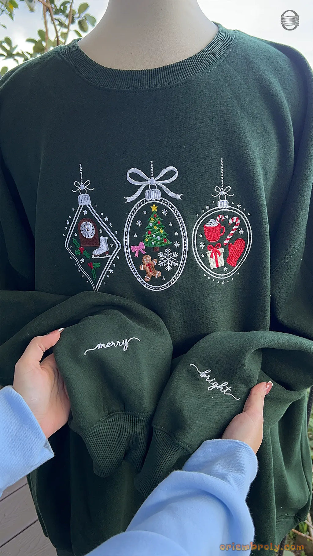 Merry Bright Christmas Baubles Ornaments Embroidered Forest Green Crewneck Sweatshirt