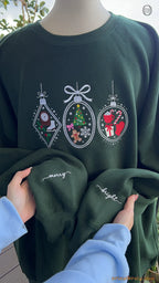Merry Bright Christmas Baubles Ornaments Embroidered Forest Green Crewneck Sweatshirt