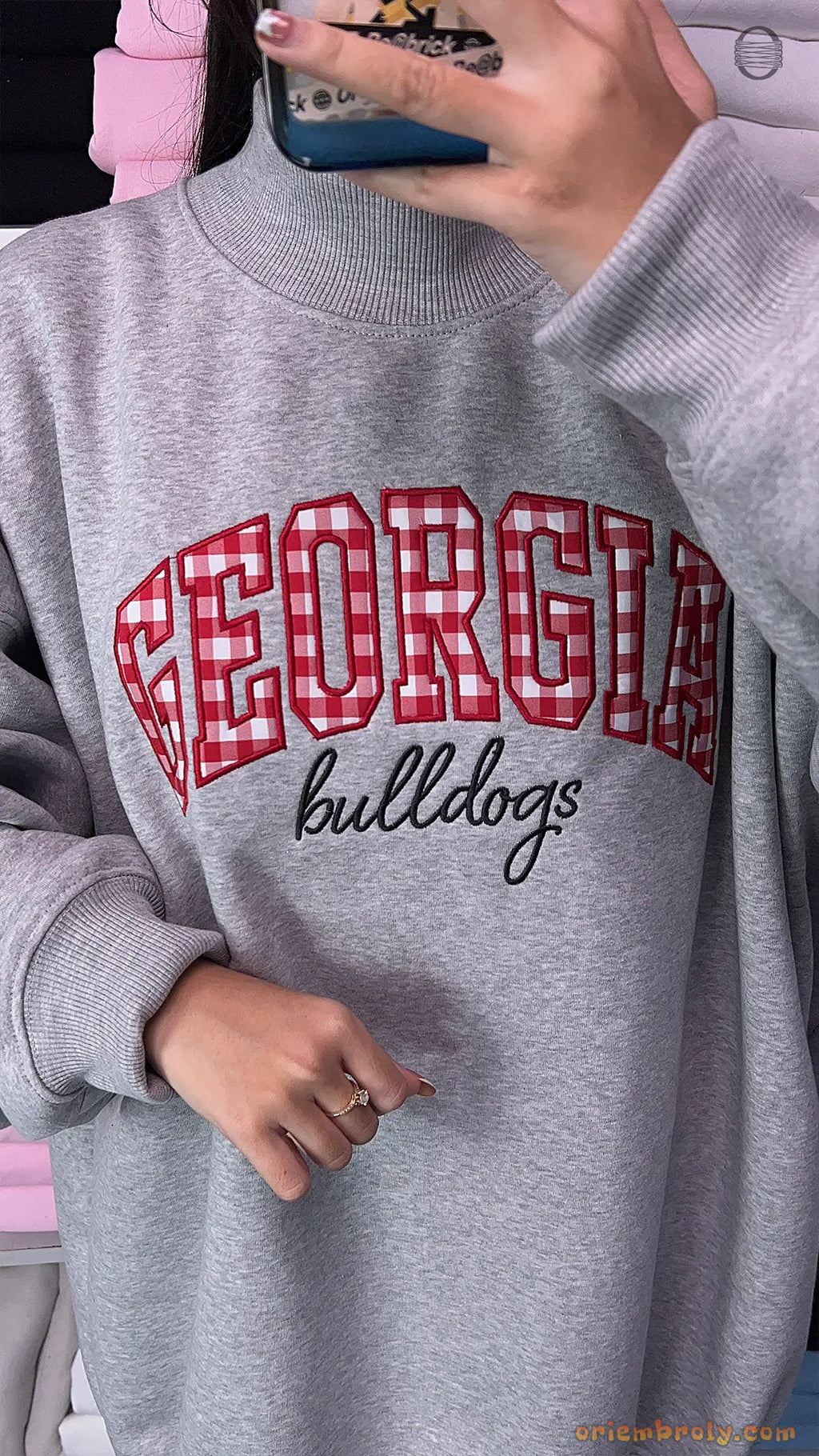 Georgia Bulldogs Game Day Gingham Embroidered Heather Grey Mock Neck Sweatshirt