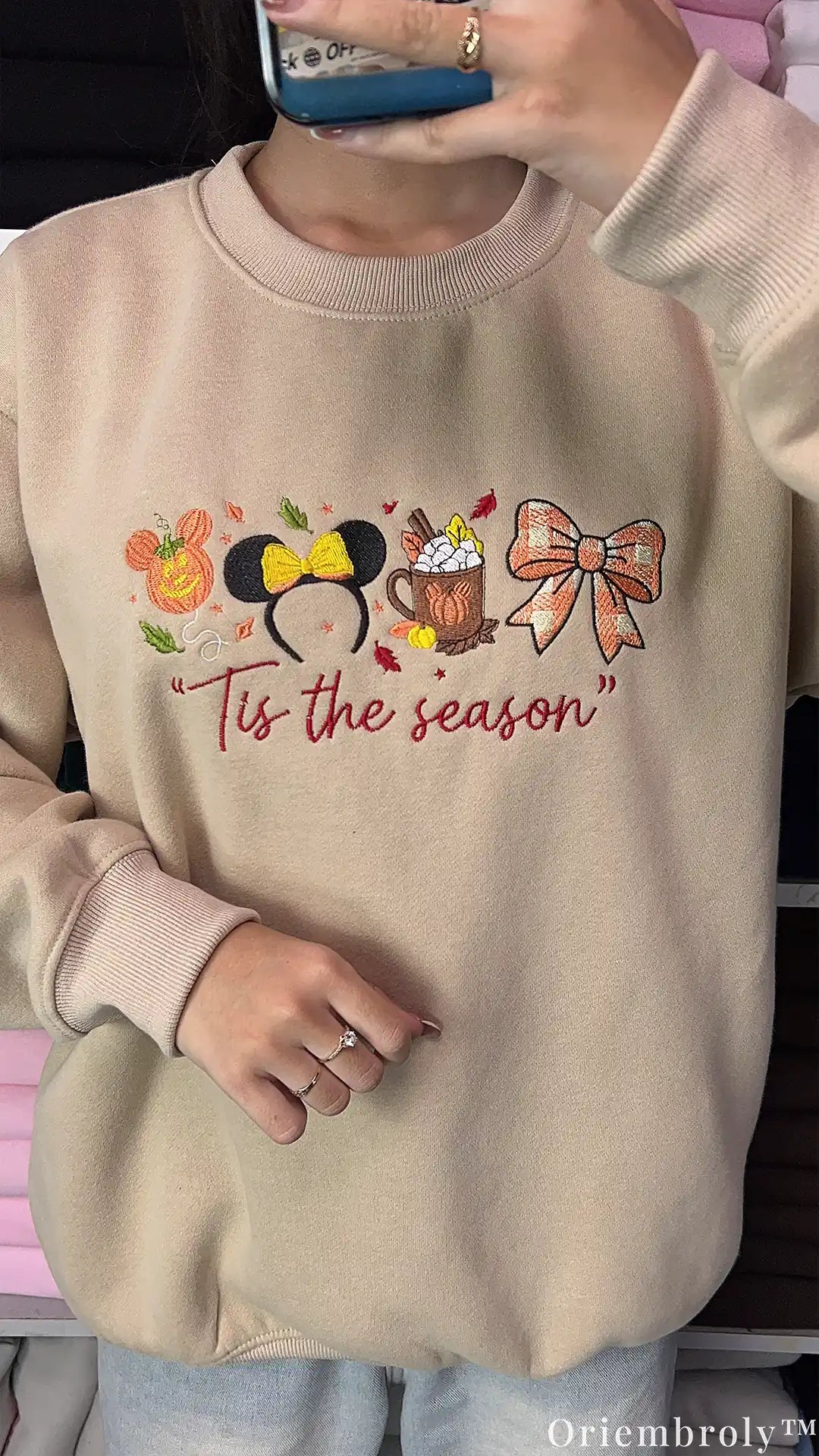 Tis The Season Mickey Pumpkin Minnie Ears Embroidered Beige Crewneck Sweatshirt