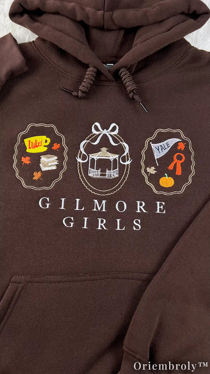 Bookworm Autumn Embroidered Hoodie – Cozy Coffee Frame Pullover