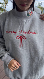 Merry Christmas Ribbon Bow Embroidered Mock-Neck Sweatshirt