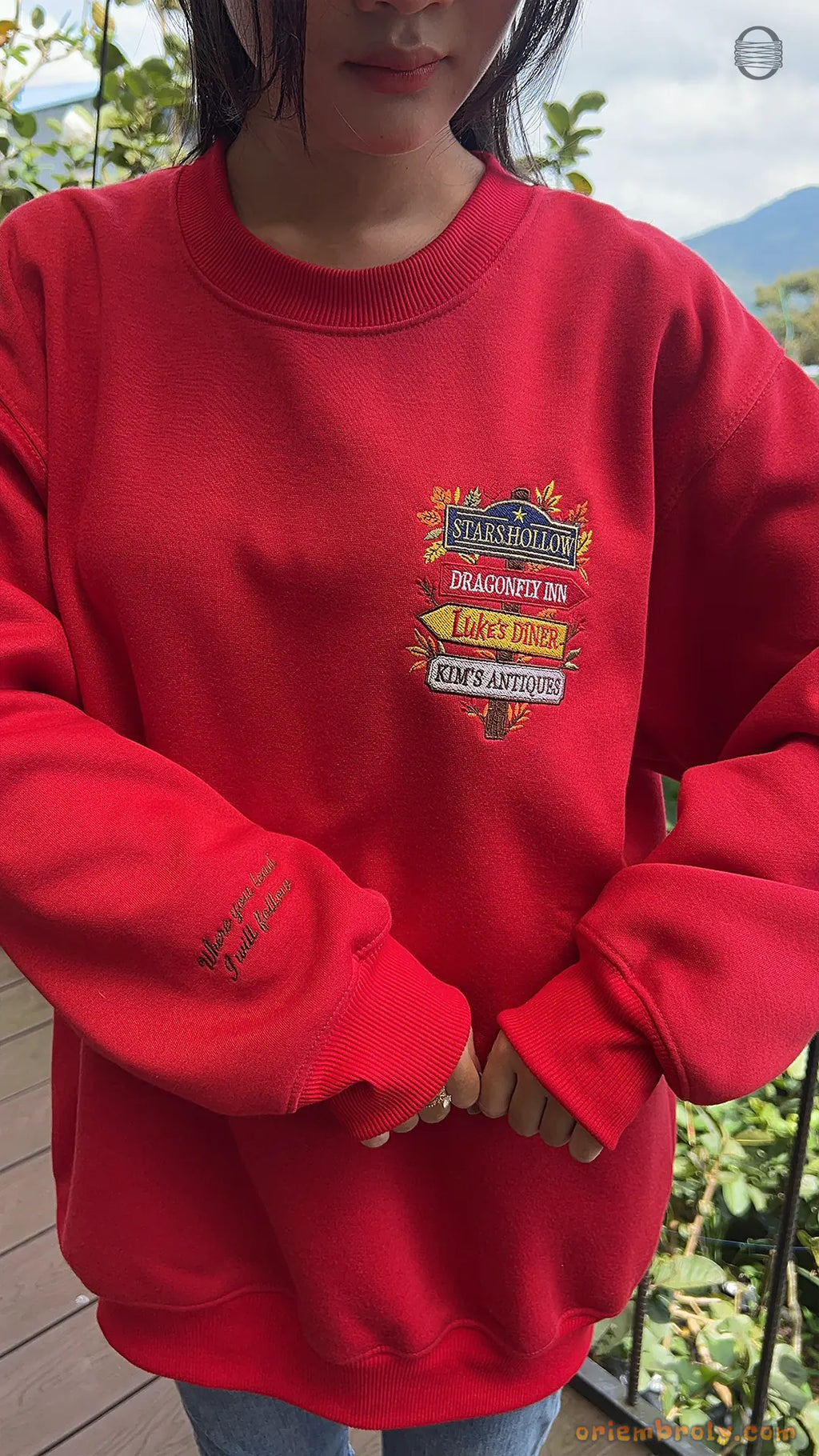 Stars Hollow Directional Signpost Embroidered Red and Black Crewneck Sweatshirt