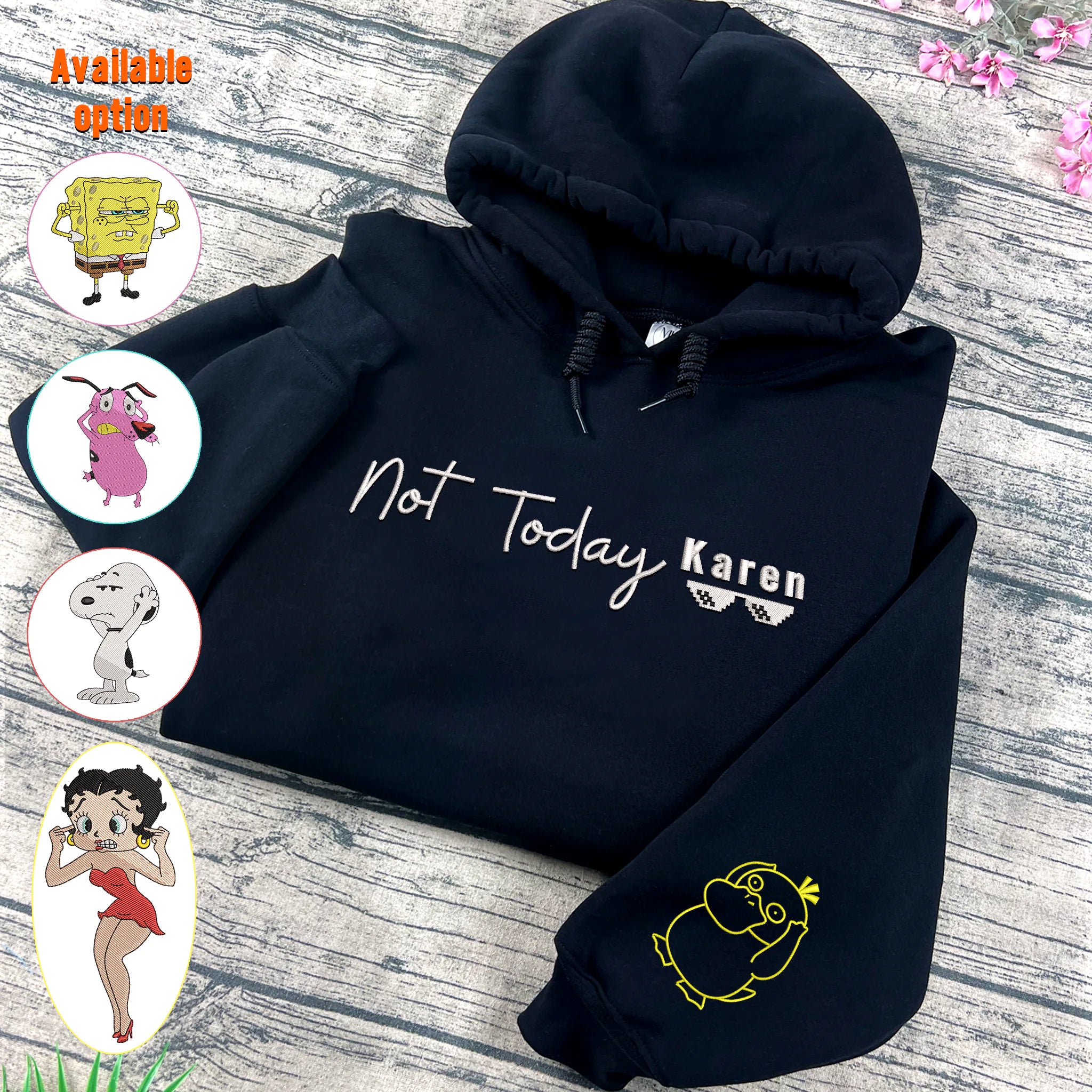 Not Today Karen Embroidered Hoodie – Funny Meme Sweatshirt with Psyduck Embroidery, Trendy Black Hoodie Gift for Gamers & Anime Fans