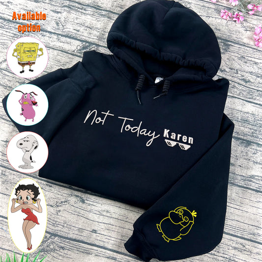 Not Today Karen Embroidered Hoodie – Funny Meme Sweatshirt with Psyduck Embroidery, Trendy Black Hoodie Gift for Gamers & Anime Fans