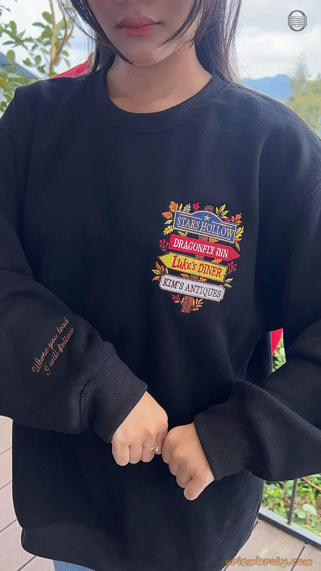 Stars Hollow Directional Signpost Embroidered Red and Black Crewneck Sweatshirt