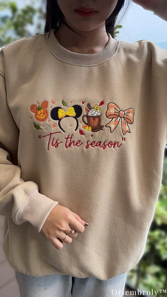 Tis The Season Mickey Pumpkin Minnie Ears Embroidered Beige Crewneck Sweatshirt