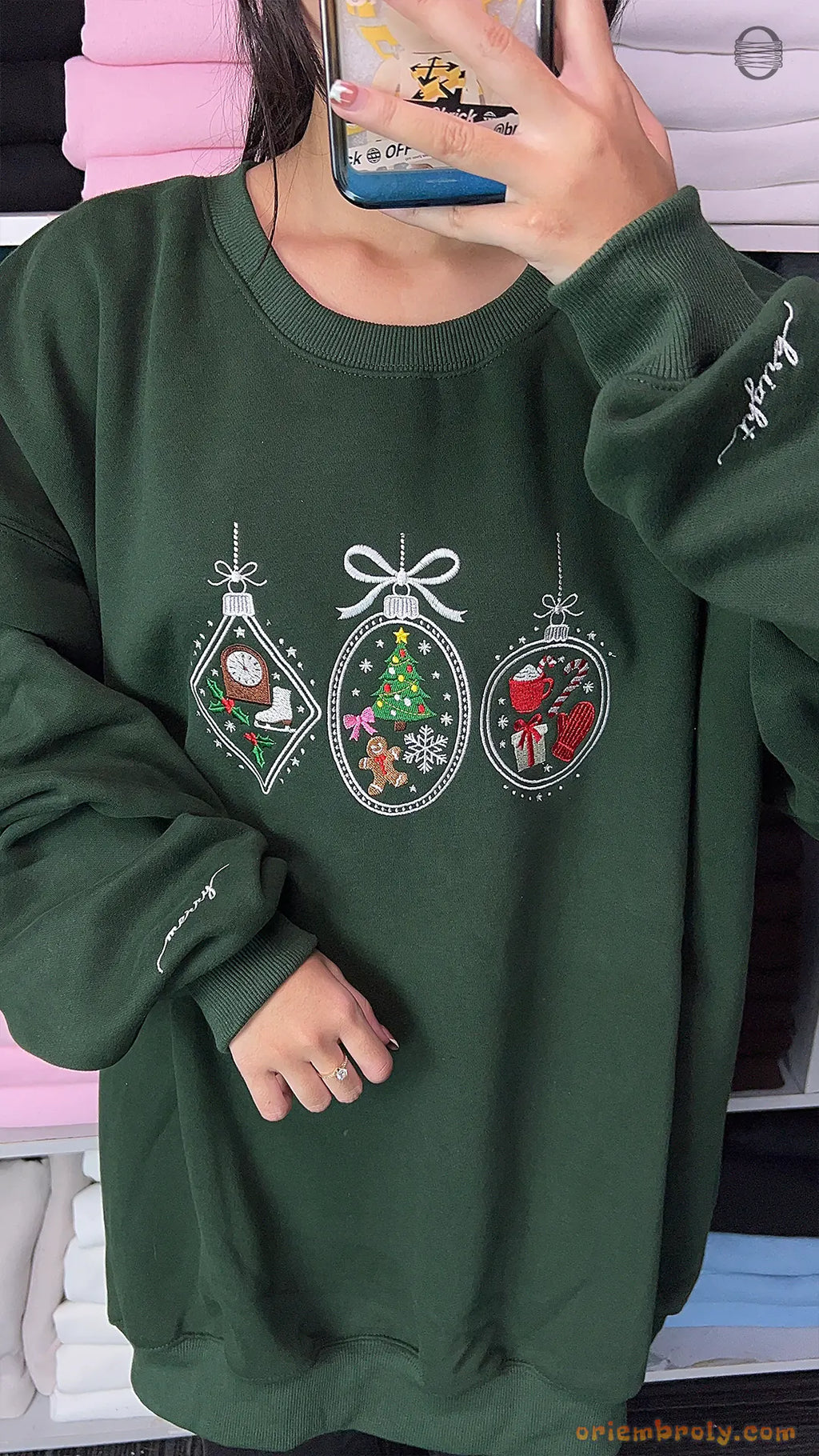 Merry Bright Christmas Baubles Ornaments Embroidered Forest Green Crewneck Sweatshirt