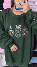 Merry Bright Christmas Baubles Ornaments Embroidered Forest Green Crewneck Sweatshirt