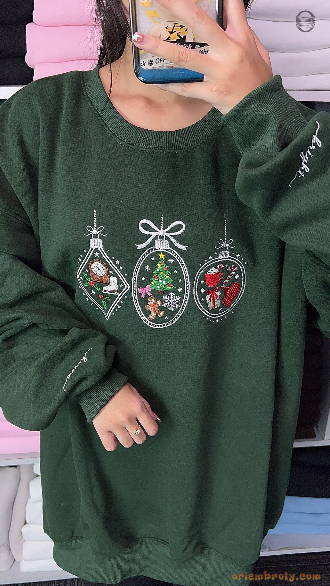 Merry Bright Christmas Baubles Ornaments Embroidered Forest Green Crewneck Sweatshirt