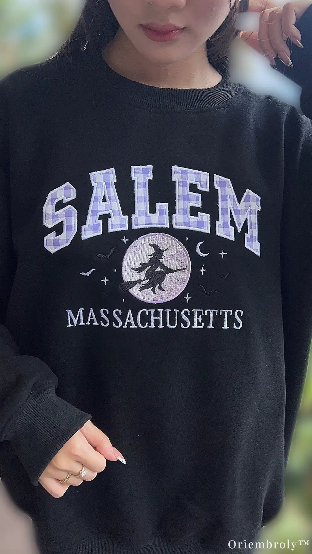 Salem Massachusetts Purple Plaid Varsity Flying Witch Embroidered Sweatshirt