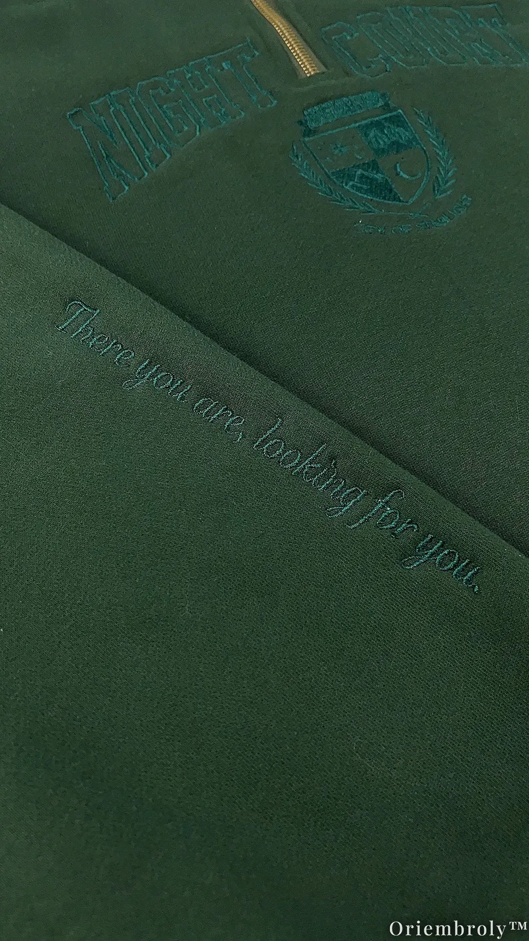 Tone-on-Tone Embroidered Quarter Zip Sweatshirt, Matching Crest & Moon Sleeve Detail, Fantasy Inspired Pullover