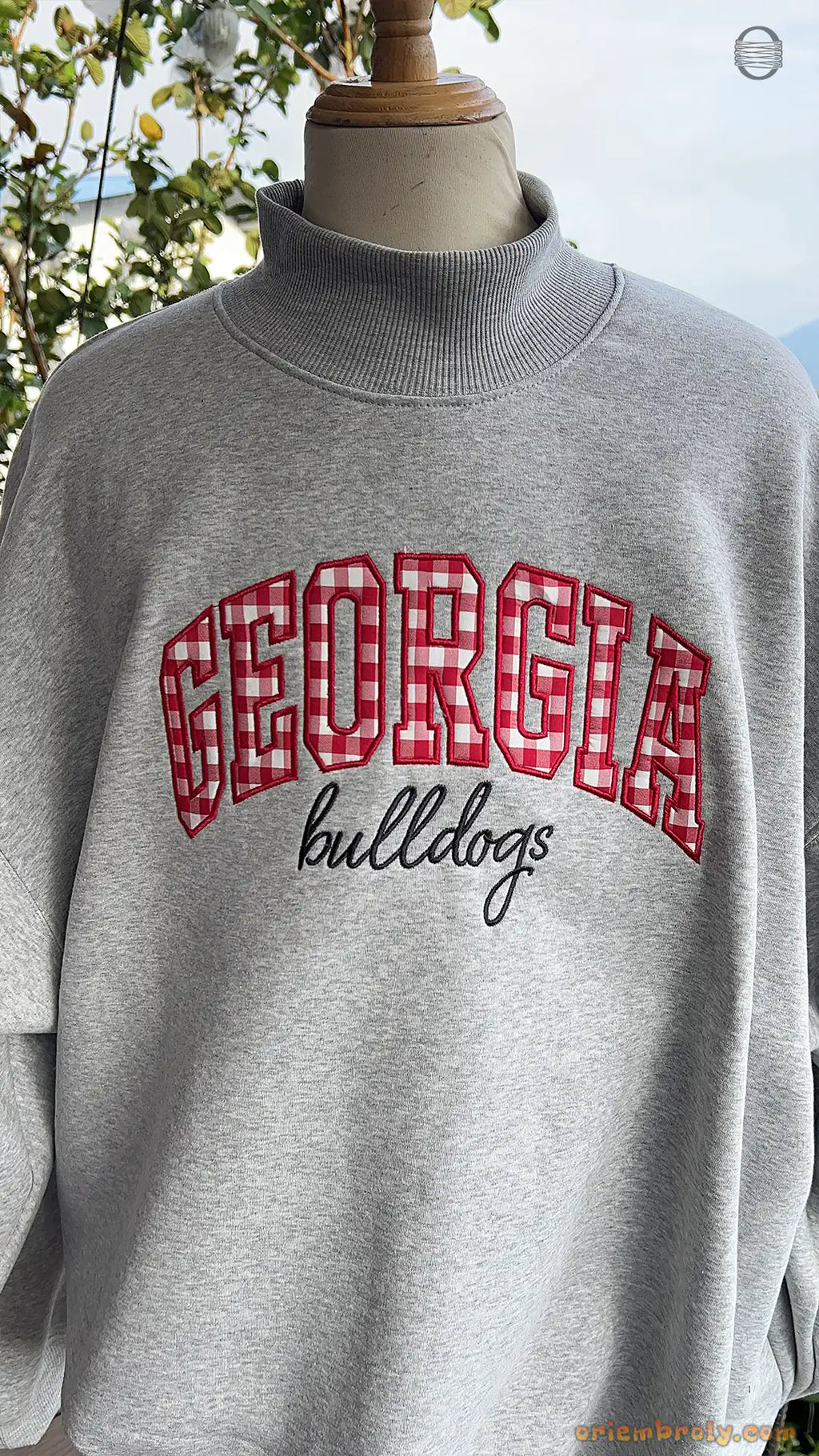 Georgia Bulldogs Game Day Gingham Embroidered Heather Grey Mock Neck Sweatshirt