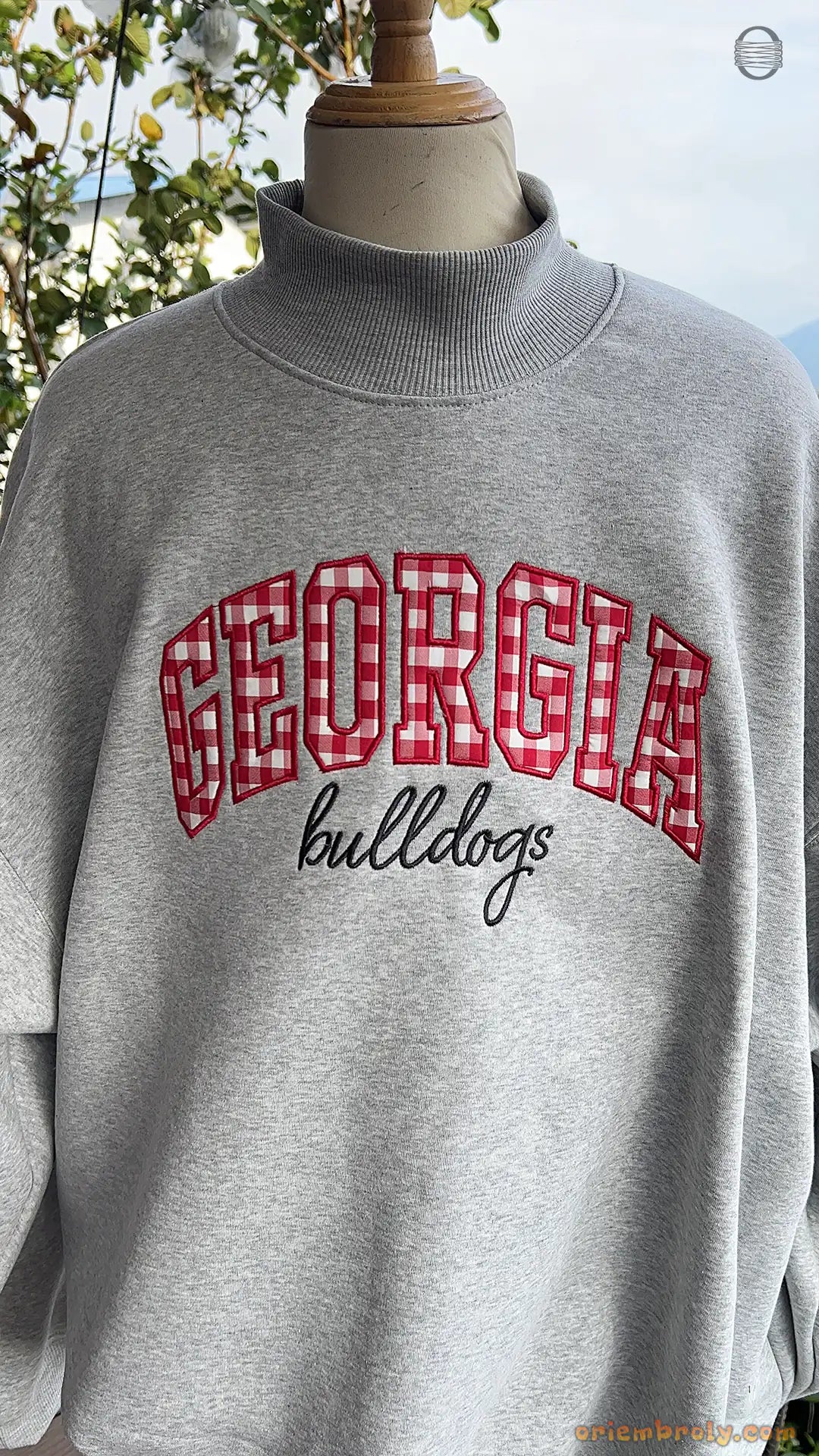 Georgia Bulldogs Game Day Gingham Embroidered Heather Grey Mock Neck Sweatshirt
