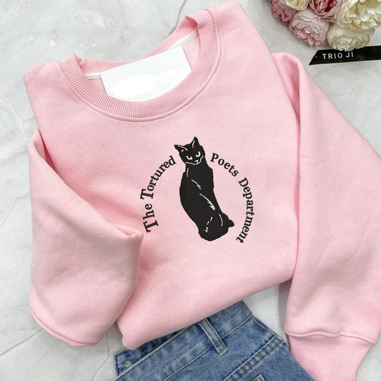 The Tortured Poets Department Black Cat Embroidered Crewneck, Taylor Swift Embroidered Hoodie