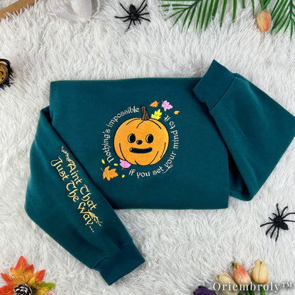 Embroidered Autumn Pumpkin Crewneck Sweatshirt – Cozy Woodland Fall Aesthetic Unisex Fleece Pullover