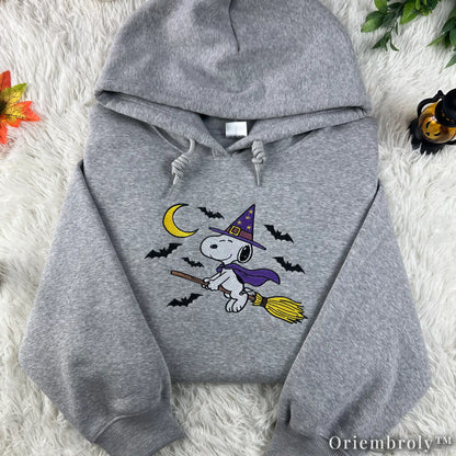 Vintage Halloween Embroidered Hoodie – Witch Puppy Moon & Bats Crewneck